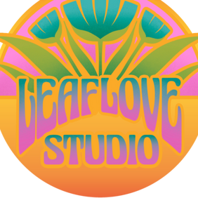 Leaf Love Studio text logo with flowers and leaves, 70s retro feel