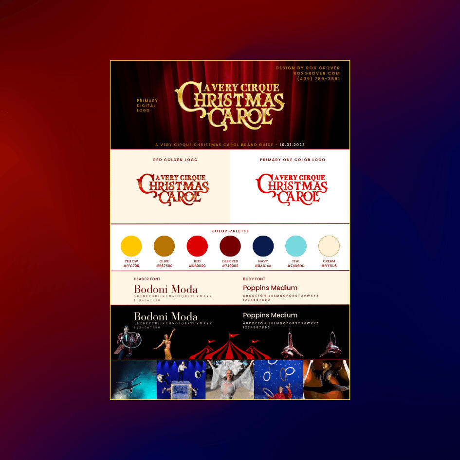 mockup with graphics and brief brand guide showing colors, fonts and logos for A Very Cirque Christmas Carol